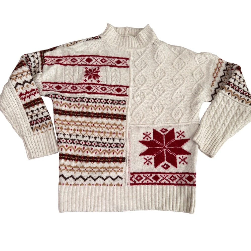 American‎ Eagle Patchwork Fair Isle Snowflake Mock Neck Sweater Medium Cream Red